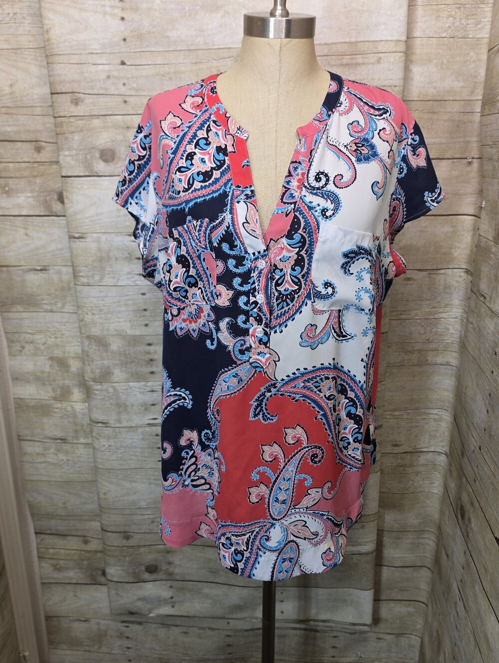 New York & Company Pink Navy White Paisley Split-Neck Tunic
